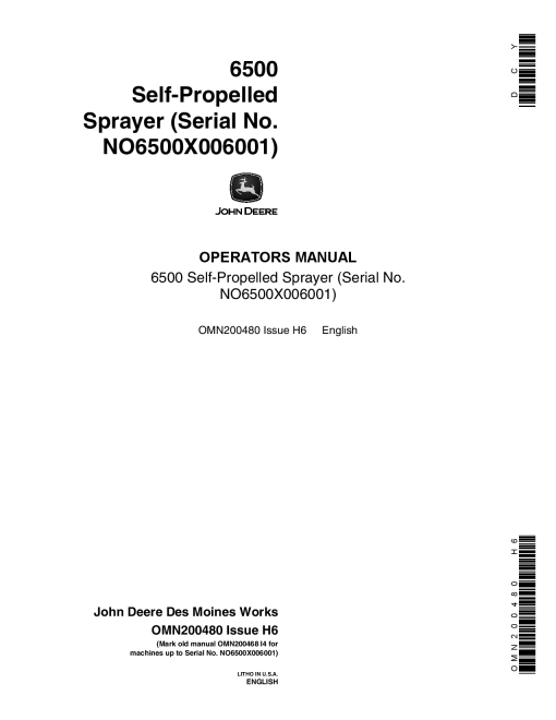 John Deere 6500 Self Propelled Sprayer 006001 OMN200480 Operation and Maintenance manual PDF Download