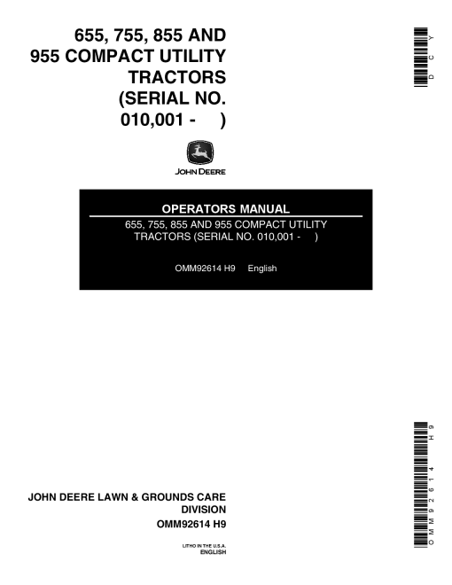 John Deere 655 755 855 955 Compact Utility Tractors 010001 100000 615001 750000 OMM92614 Operation and Maintenance manual PDF Download