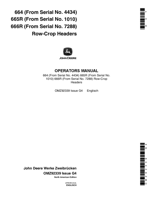 John Deere 664 665R 666R Row Crop Headers OMZ92339 Operation and Maintenance manual PDF Download