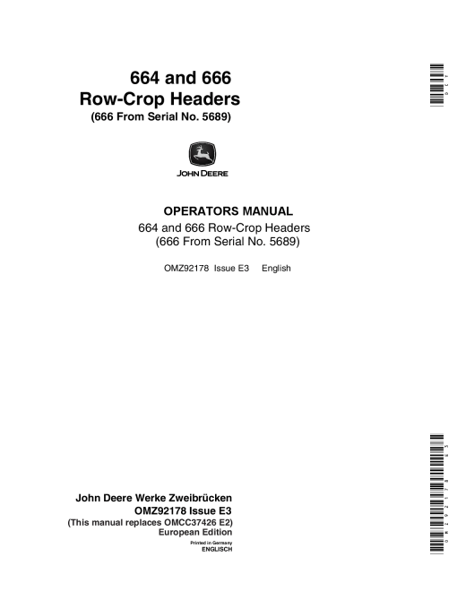 John Deere 664 666 Row Crop Headers OMZ92178 Operation and Maintenance manual PDF Download