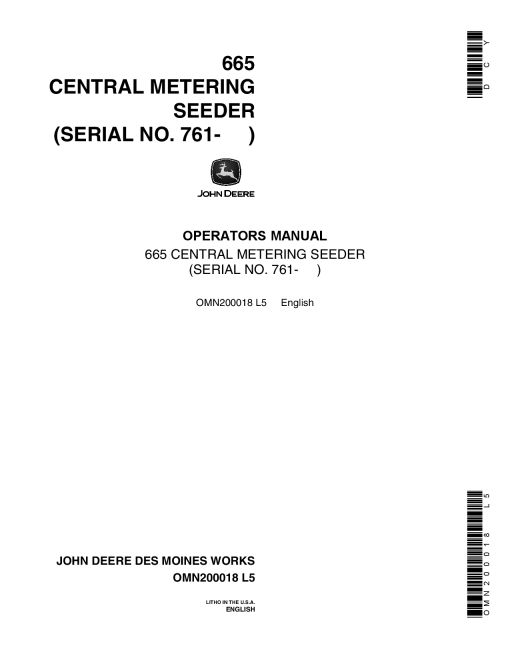 John Deere 665 Central Metering Seeder 000761 001075 OMN200018 Operation and Maintenance manual PDF Download