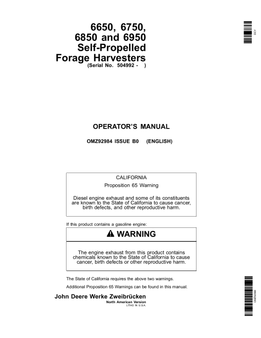 John Deere 6650 6750 6850 6950 Self Propelled Forage Harvesters OMZ92984 Operation and Maintenance manual PDF Download