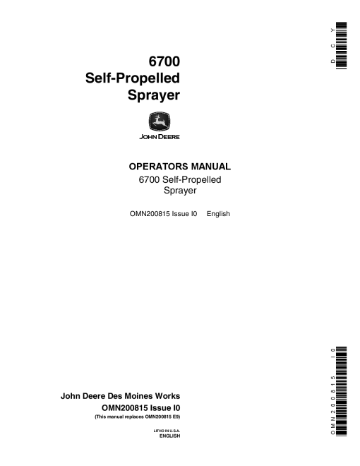 John Deere 6700 Self Propelled Sprayer 006000 OMN200815 Operation and Maintenance manual PDF Download