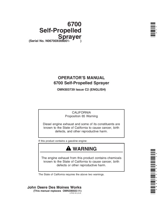 John Deere 6700 Self Propelled Sprayer 006001 008000 OMN303739 Operation and Maintenance manual PDF Download