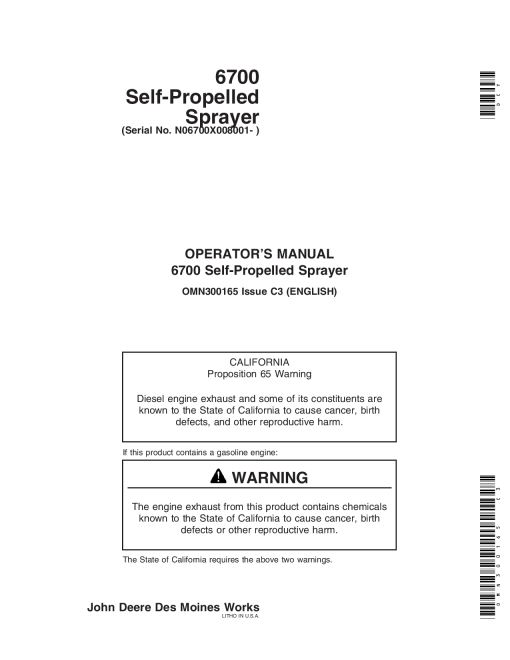 John Deere 6700 Self Propelled Sprayer 008001 010000 OMN300165 Operation and Maintenance manual PDF Download