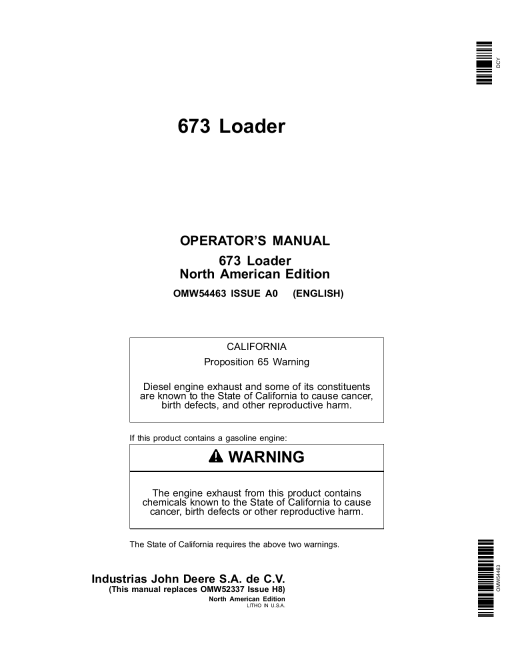 John Deere 673 Loader OMW54463 Operation and Maintenance manual PDF Download