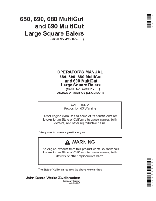 John Deere 680 690 680 690 MultiCut MultiCut Large Square Balers OMZ92761 Operation and Maintenance manual PDF Download