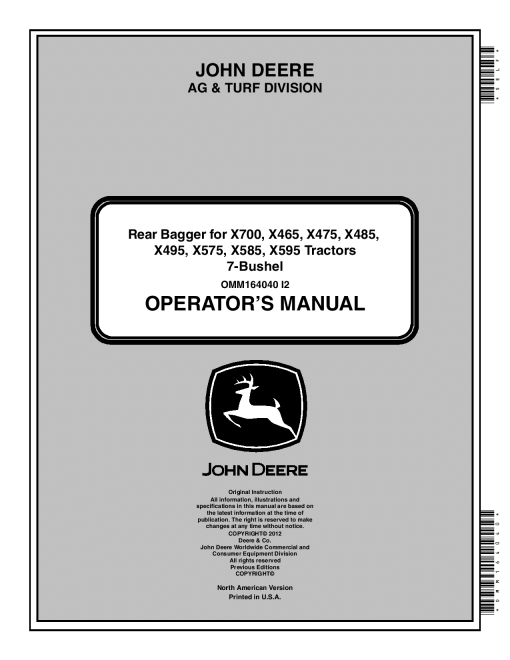 John Deere 7 Bushel Rear Bagger OMM164040 Operation and Maintenance manual PDF Download