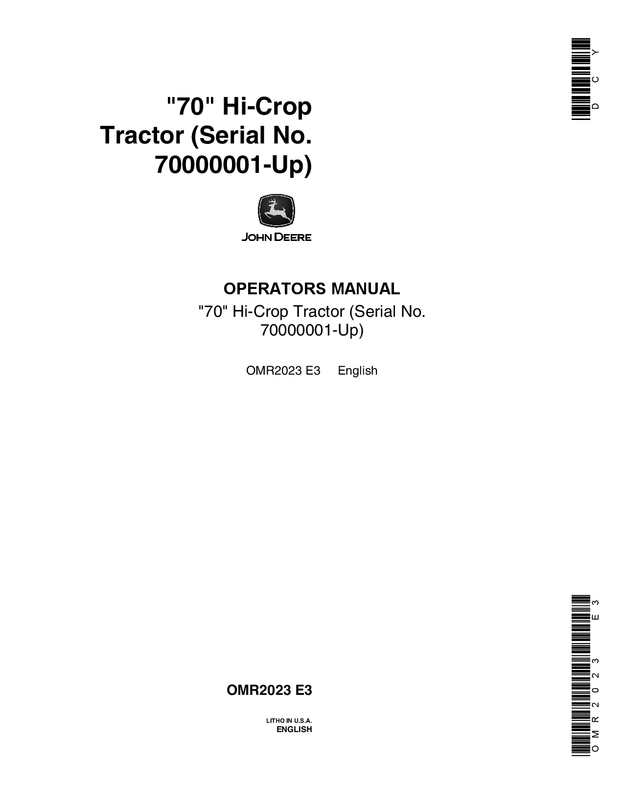 John Deere 70 Hi Crop Tractor OMR2023 Operation and Maintenance manual PDF Download