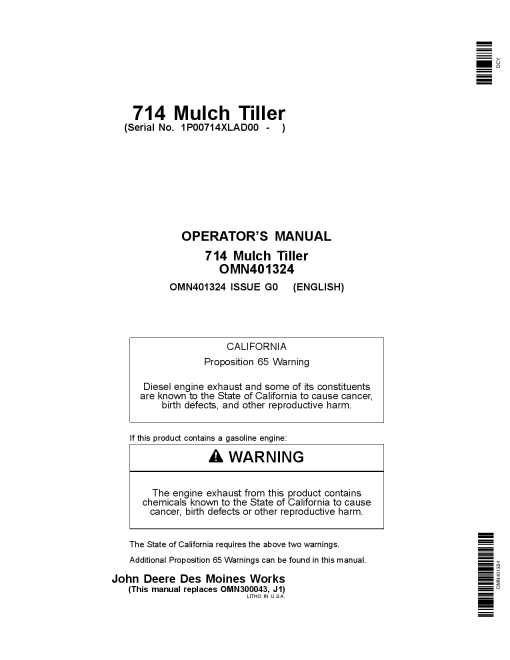John Deere 714 Mulch Tillers OMN401324 Operation and Maintenance manual PDF Download