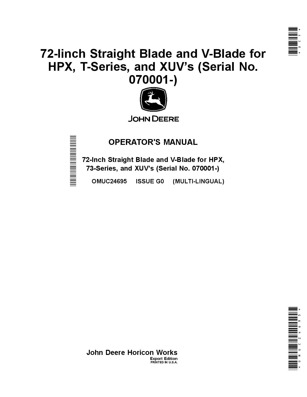 John Deere 72 Iinch Straight Blade and V Blade for HPX T Series and XUVs 070001 OMUC24695 Operation and Maintenance manual PDF Download