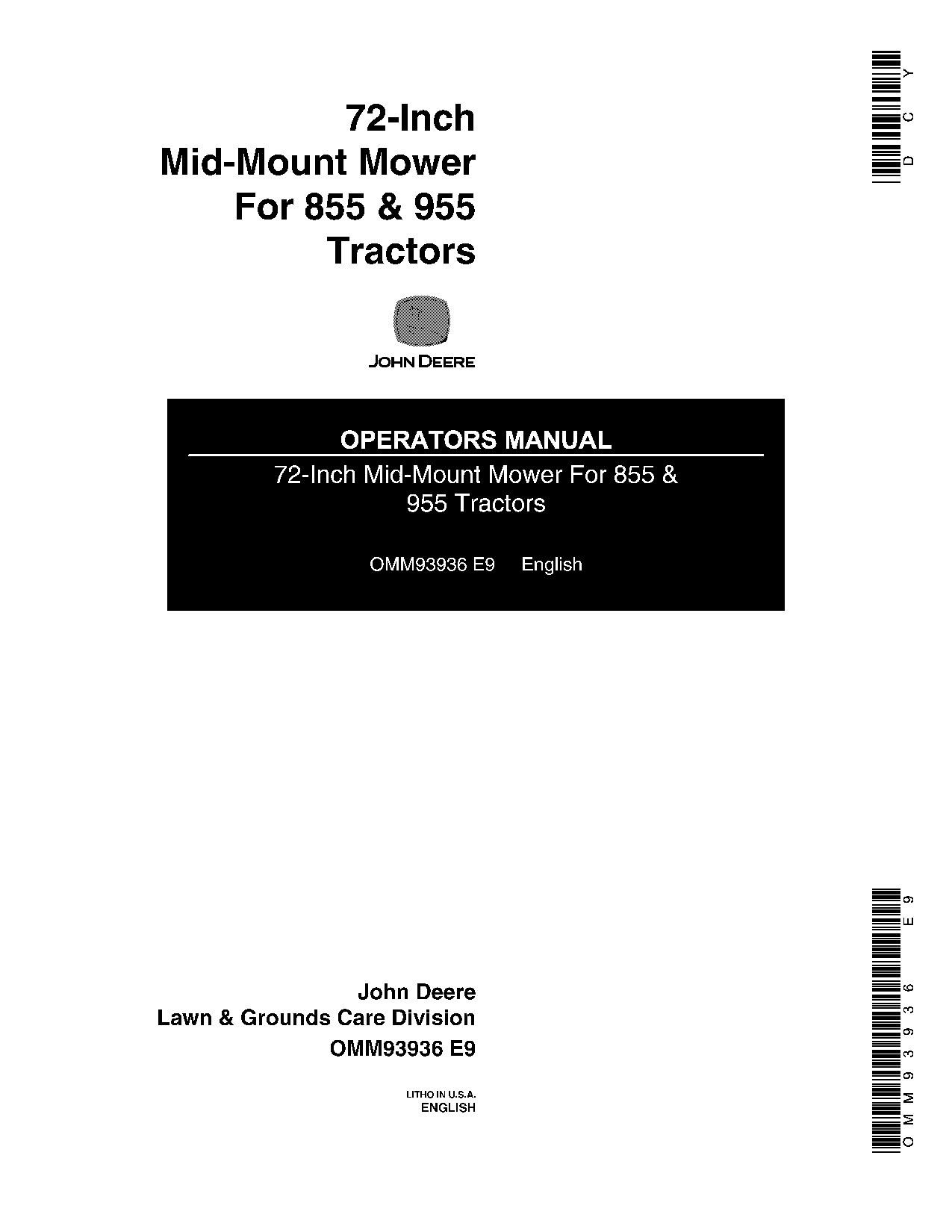 John Deere 72 Inch Mid Mount Mower 855 955 Tractors OMM93936 Operation and Maintenance manual PDF Download