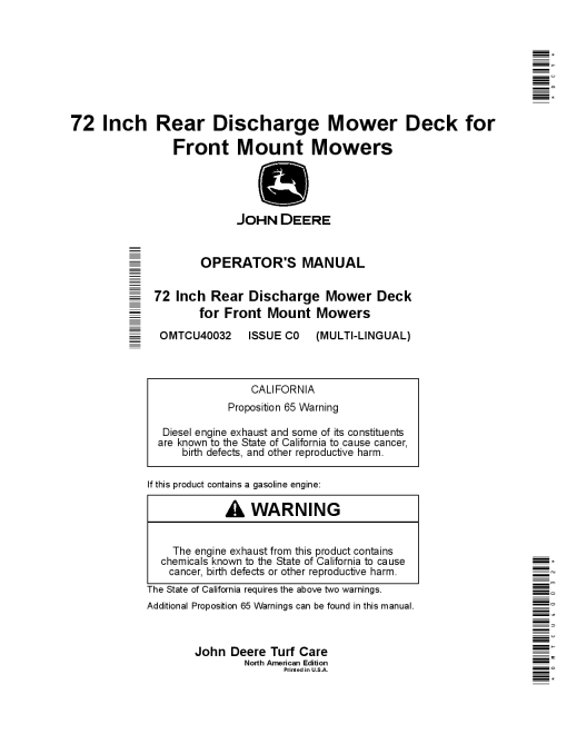 John Deere 72 Inch Rear Discharge Mower Deck for Front Mount Mowers OMTCU40032 Operation and Maintenance manual PDF Download