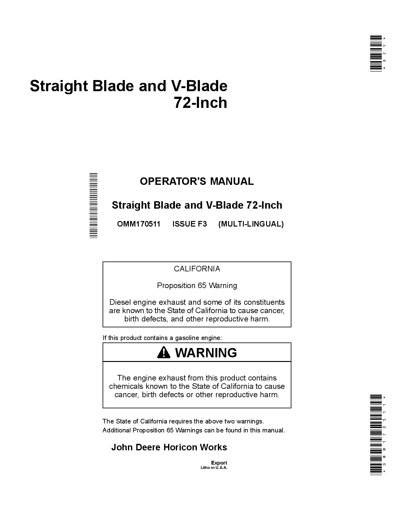 John Deere 72 Inch Straight V Blade 010001 OMM170511 Operation and Maintenance manual PDF Download