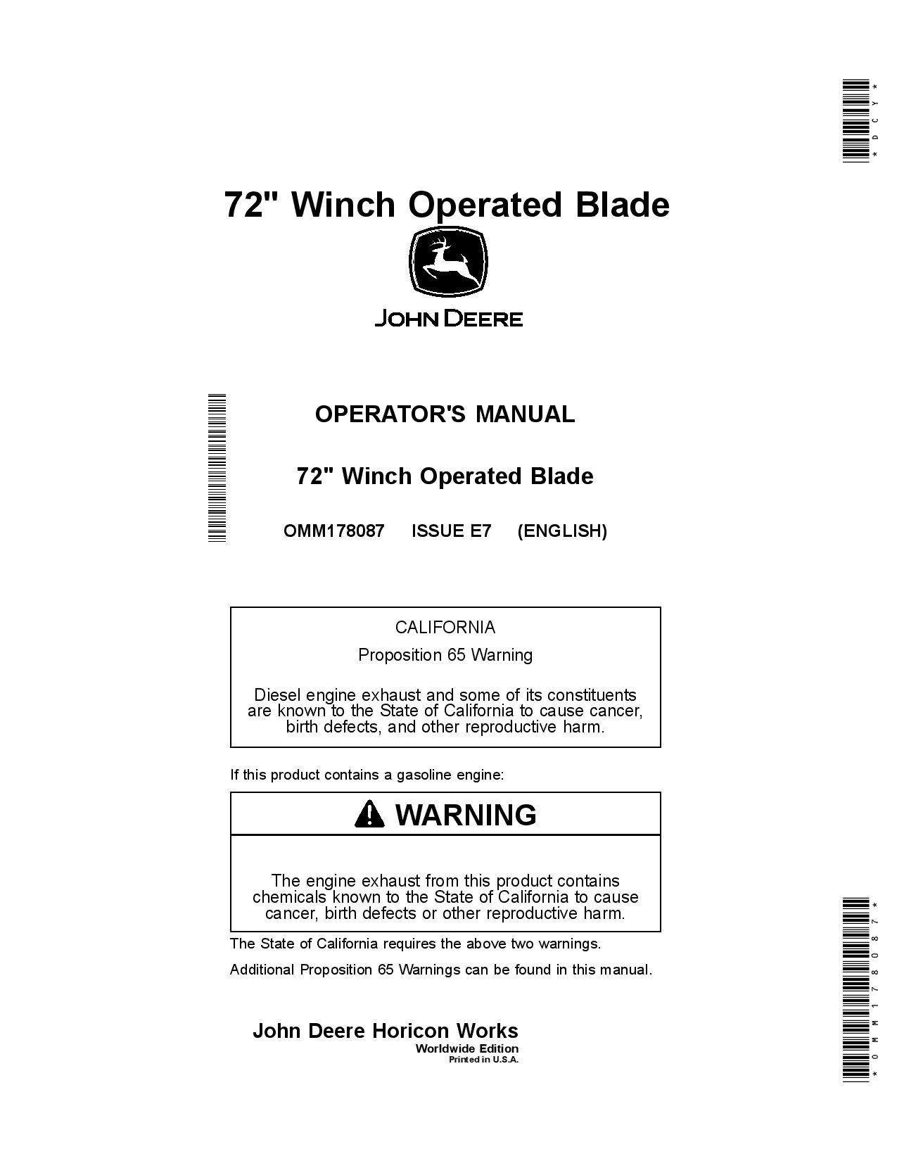 John Deere 72 Inch Winch Operated Blade OMM178087 Operation and Maintenance manual PDF Download