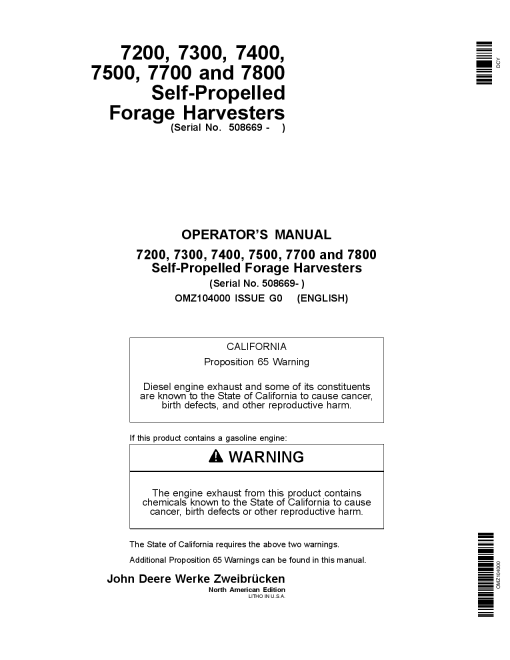 John Deere 7200 7300 7400 7500 7700 7800 Self Propelled Forage Harvesters OMZ104000 Operation and Maintenance manual PDF Download