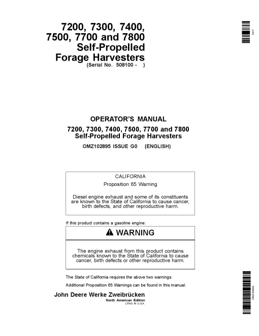 John Deere 7200 7300 7400 7500 7700 8 7800 Self Propelled Forage Harvesters OMZ102895 Operation and Maintenance manual PDF Download