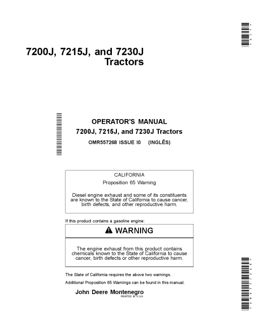 John Deere 7200J 7215J and 7230J Tractors OMR557268 Operation and Maintenance manual PDF Download