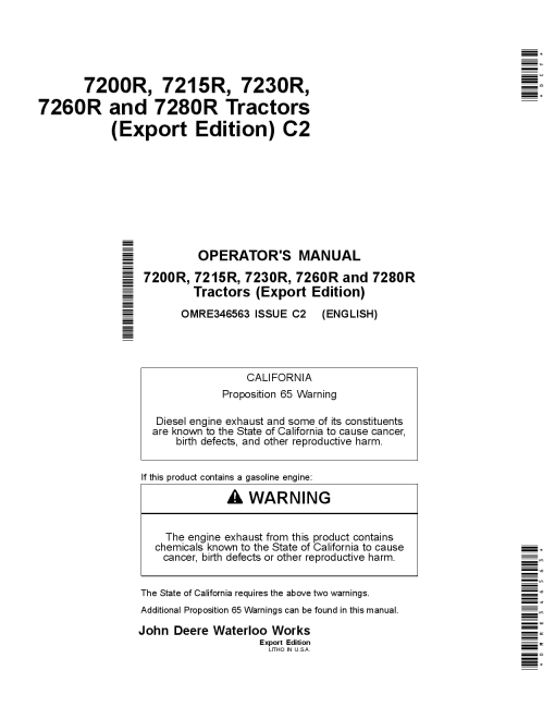 John Deere 7200R 7215R 7230R 7260R 7280R Tractors Export Edition OMRE346563 Operation and Maintenance manual PDF Download