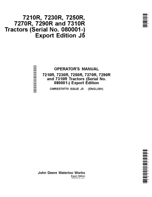 John Deere 7210R 7230R 7250R 7270R 7290R 7310R Tractors Export Edition 080001 OMRE579770 Operation and Maintenance manual PDF Download