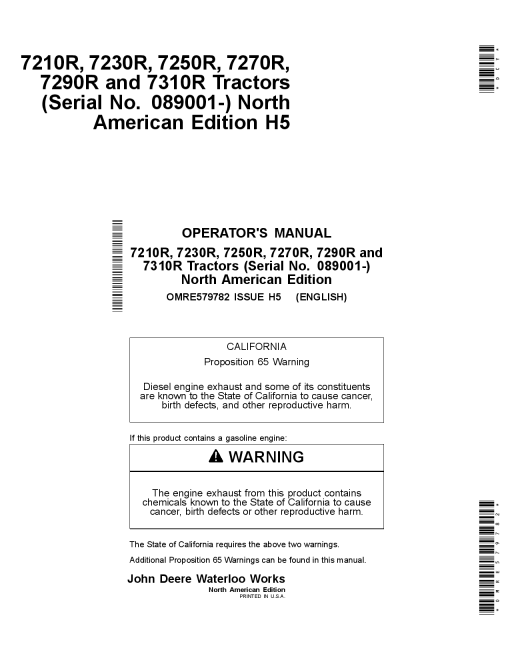 John Deere 7210R 7230R 7250R 7270R 7290R Tractors North American Edition 089001 OMRE579782 Operation and Maintenance manual PDF Download