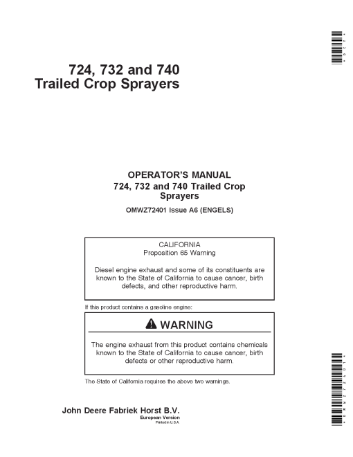 John Deere 724 732 740 Trailed Crop Sprayers OMWZ72401 Operation and Maintenance manual PDF Download