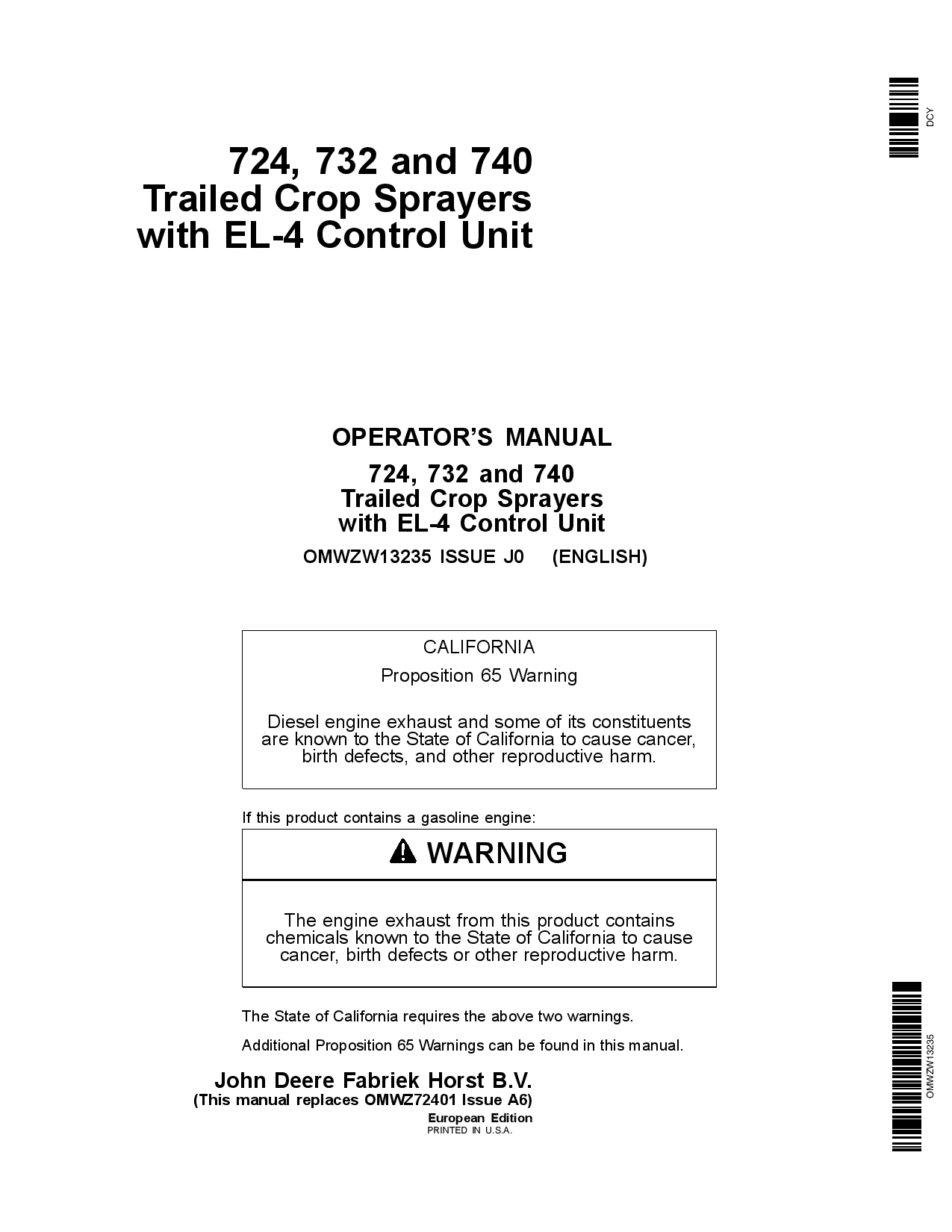 John Deere 724 732 740 Trailed Crop Sprayers with EL 4 Control Unit OMWZW13235 Operation and Maintenance manual PDF Download