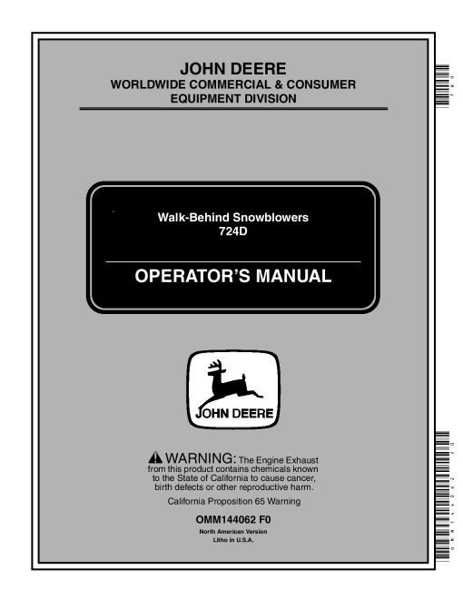 John Deere 724D Walk Behind Snowblowers 200001 OMM144062 Operation and Maintenance manual PDF Download