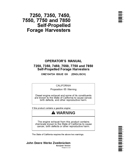 John Deere 7250 7350 7450 7550 7750 7850 Self Propelled Forage Harvesters OMZ104724 Operation and Maintenance manual PDF Download