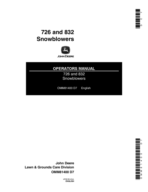 John Deere 726 832 055001 Snowblowers OMM81400 Operation and Maintenance manual PDF Download