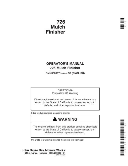John Deere 726 Mulch Finisher OMN300067 Operation and Maintenance manual PDF Download