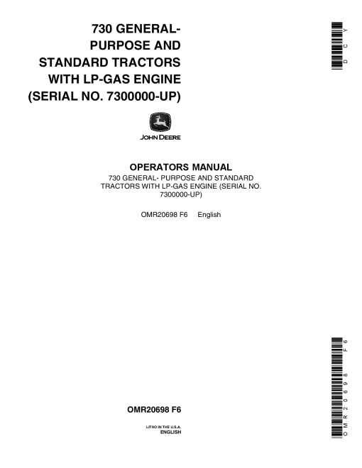 John Deere 730 General Purpose and Standard Tractor with LP Gas Engine S.N. 7300000 OMR20698 Operation and Maintenance manual PDF Download