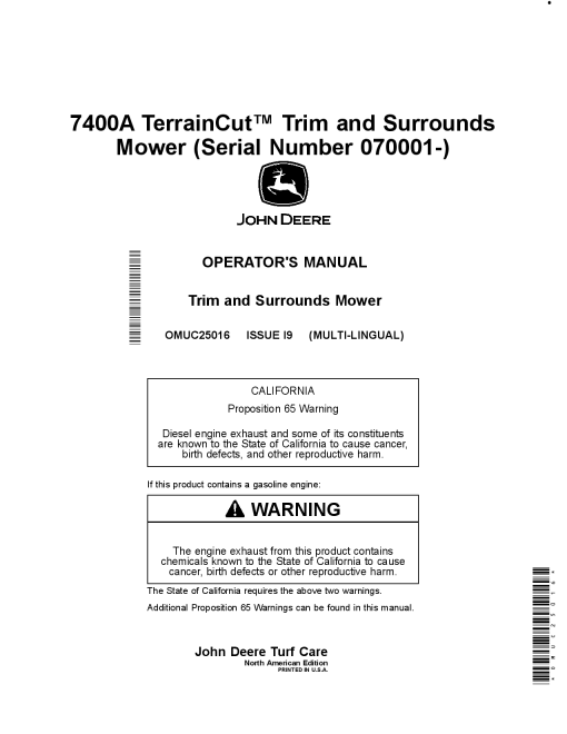 John Deere 7400A TerrainCut Trim and Surrounds Mower OMUC25016 Operation and Maintenance manual PDF Download
