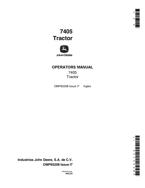 John Deere 7405 Tractor OMP65208 Operation and Maintenance manual PDF Download