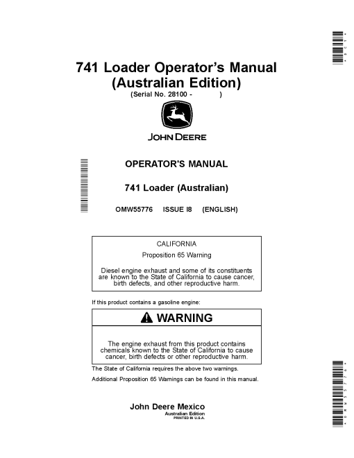 John Deere 741 Loader Australian Edition OMW55776 Operation and Maintenance manual PDF Download