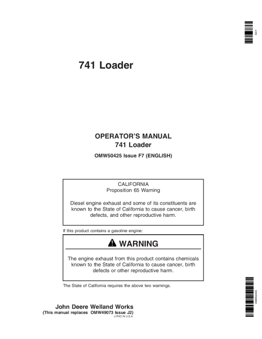 John Deere 741 Loader OMW50425 Operation and Maintenance manual PDF Download