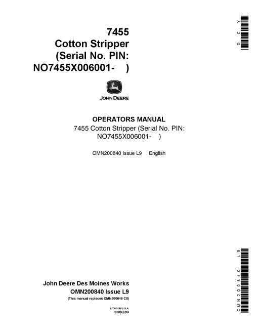 John Deere 7455 Cotton Picker SN 006001 OMN200840 Operation and Maintenance manual PDF Download
