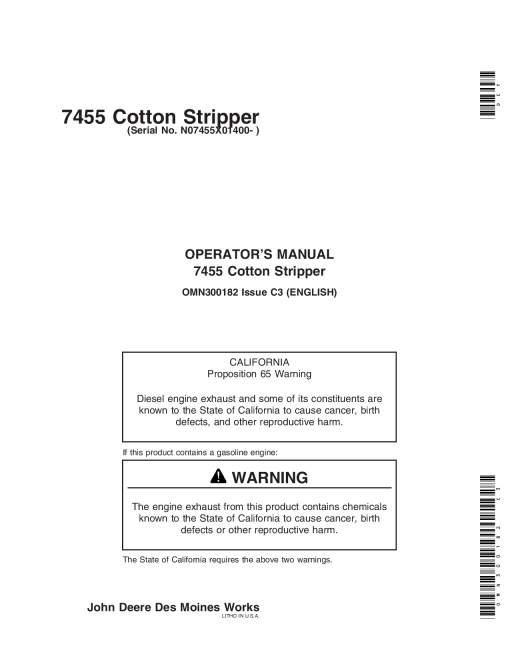 John Deere 7455 Cotton Striper SN 014001 OMN300182 Operation and Maintenance manual PDF Download