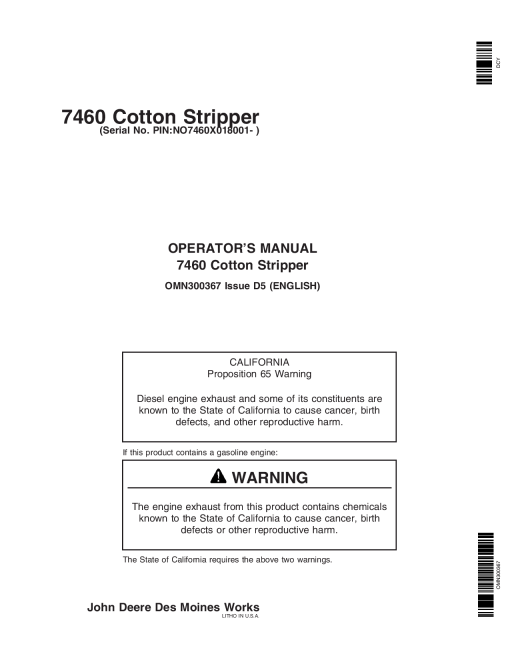 John Deere 7460 Cotton Strippers North American Edition 018001 020000 OMN300367 Operation and Maintenance manual PDF Download