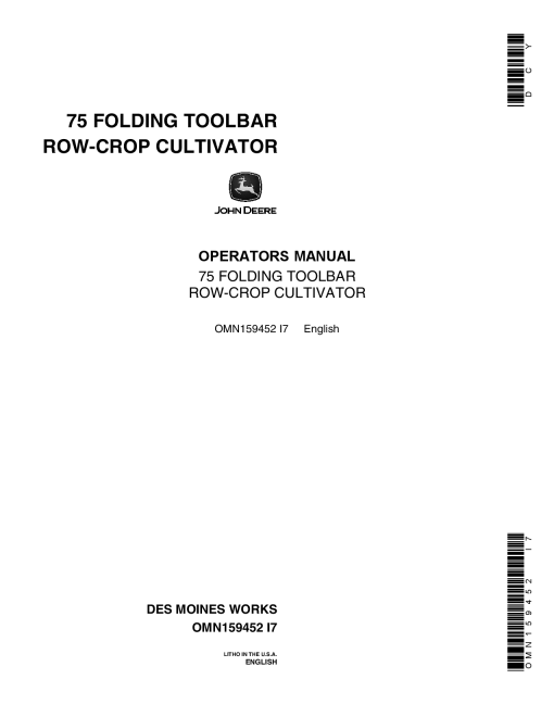 John Deere 75 Toolbar Cultivator OMN159452 Operation and Maintenance manual PDF Download
