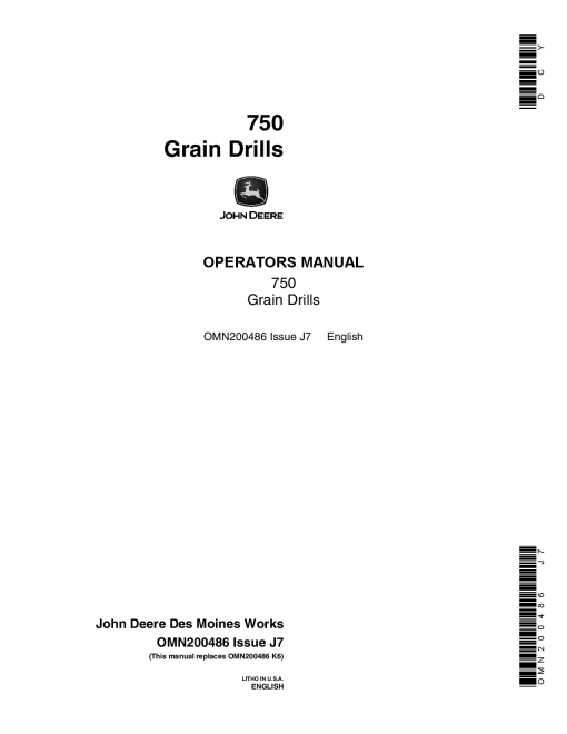 John Deere 750 Grain Drill 10 15 Ft. Worldwide Edition 019185 OMN200486 Operation and Maintenance manual PDF Download