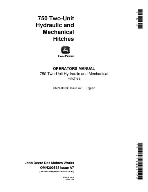 John Deere 750 Two Unit Hitches OMN200538 Operation and Maintenance manual PDF Download