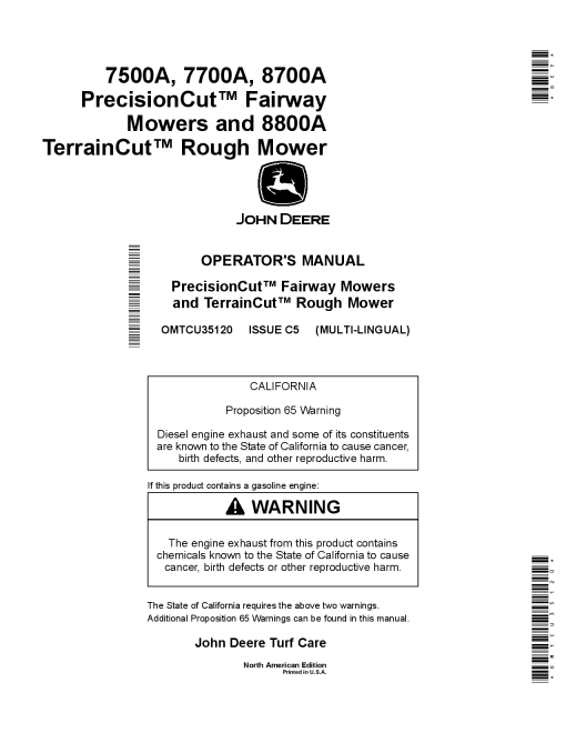 John Deere 7500A 7700A 8700A PrecisionCut FainNay Mowers 8800A TerrainCut Rough Mower OMTCU35120 Operation and Maintenance manual PDF Download