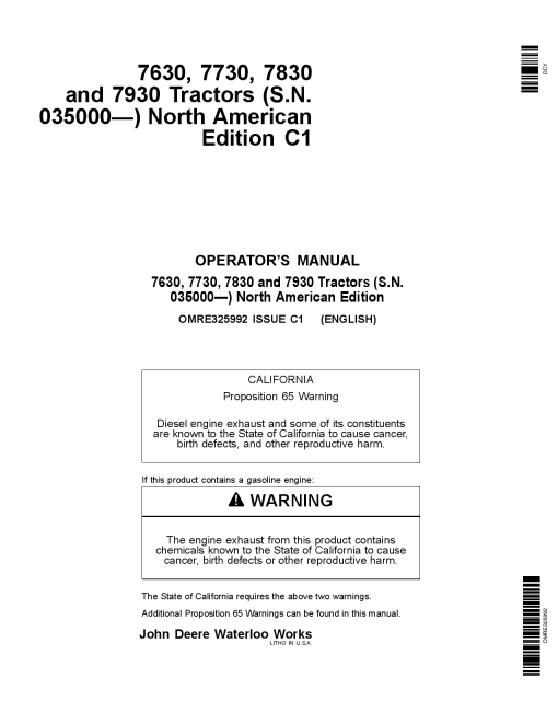 John Deere 7630 7730 7830 7930 Tractors North American Edition 035000 042000 OMRE325992 Operation and Maintenance manual PDF Download