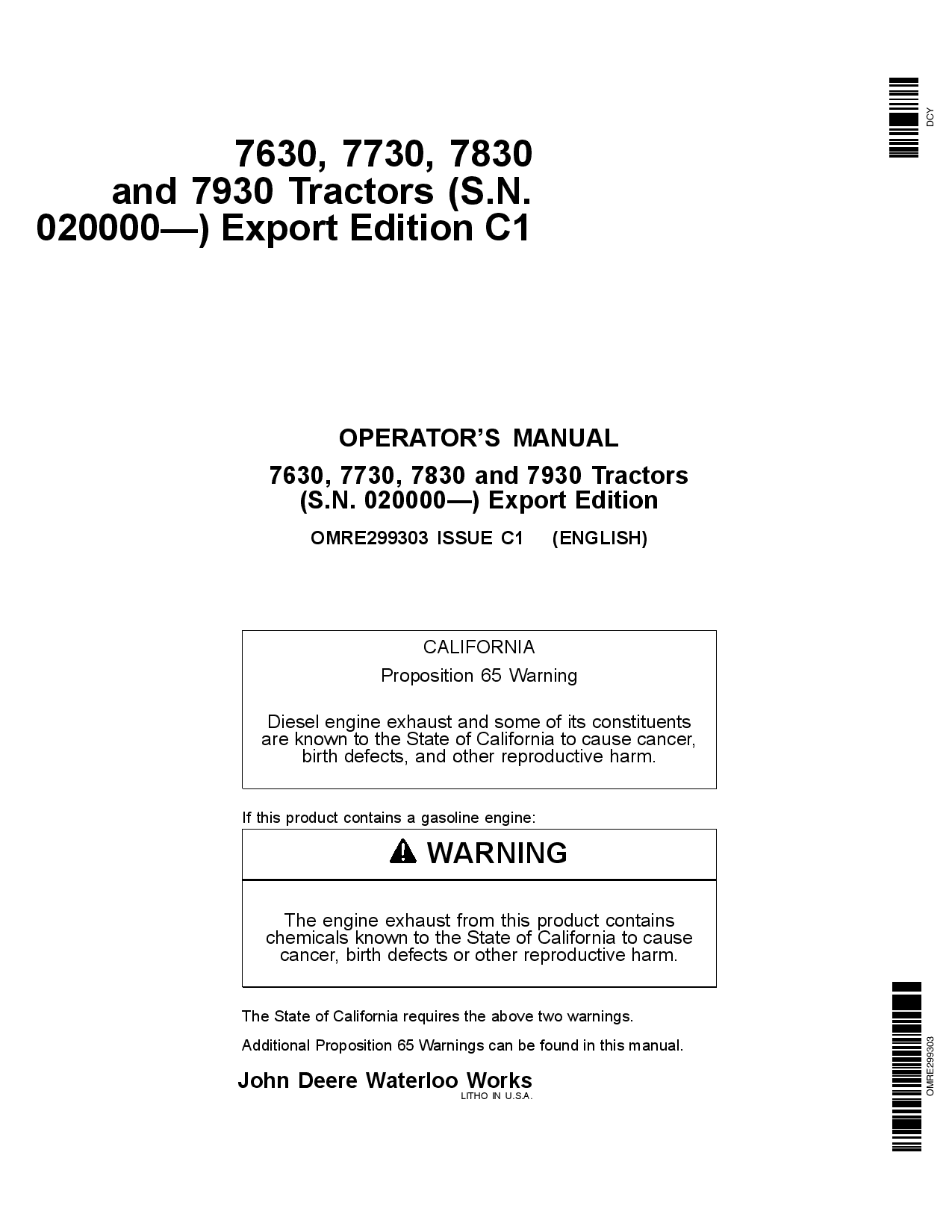 John Deere 7630 7730 7830 and 7930 Tractors 020000 Export Edition OMRE299303 Operation and Maintenance manual PDF Download