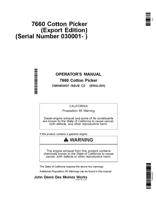 John Deere 7660 Cotton Pickers OMN403937 Operation and Maintenance manual PDF Download