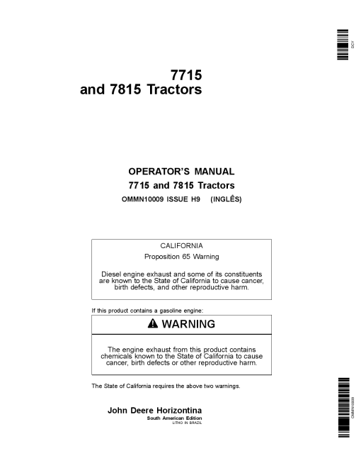 John Deere 7715 7815 Tractor OMMN10009 Operation and Maintenance manual PDF Download