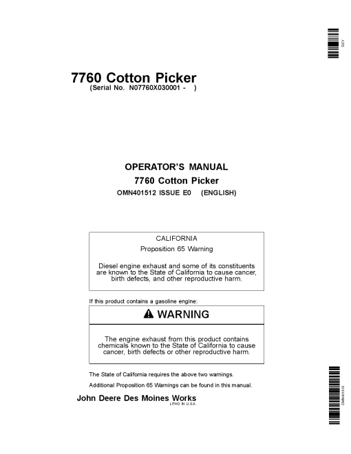 John Deere 7760 Cotton Picker 030001 OMN401512 Operation and Maintenance manual PDF Download