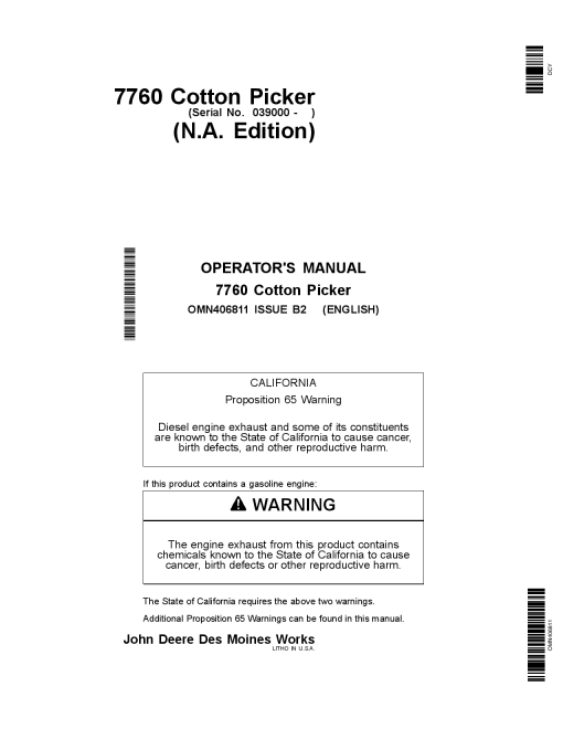 John Deere 7760 Cotton Picker 039000 OMN406811 Operation and Maintenance manual PDF Download