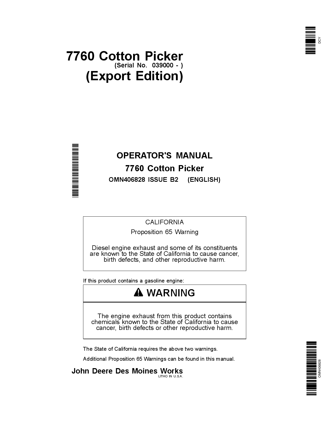 John Deere 7760 Cotton Picker 039000 OMN406828 Operation and Maintenance manual PDF Download